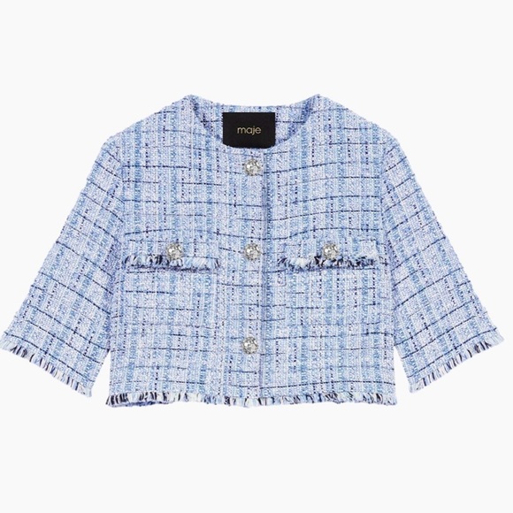 NEW Maje Tweed Jacket Sz 38 Silver Metallic Thread Blue - Picture 3 of 15